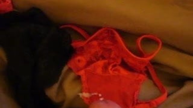 cumming on a red lace thong